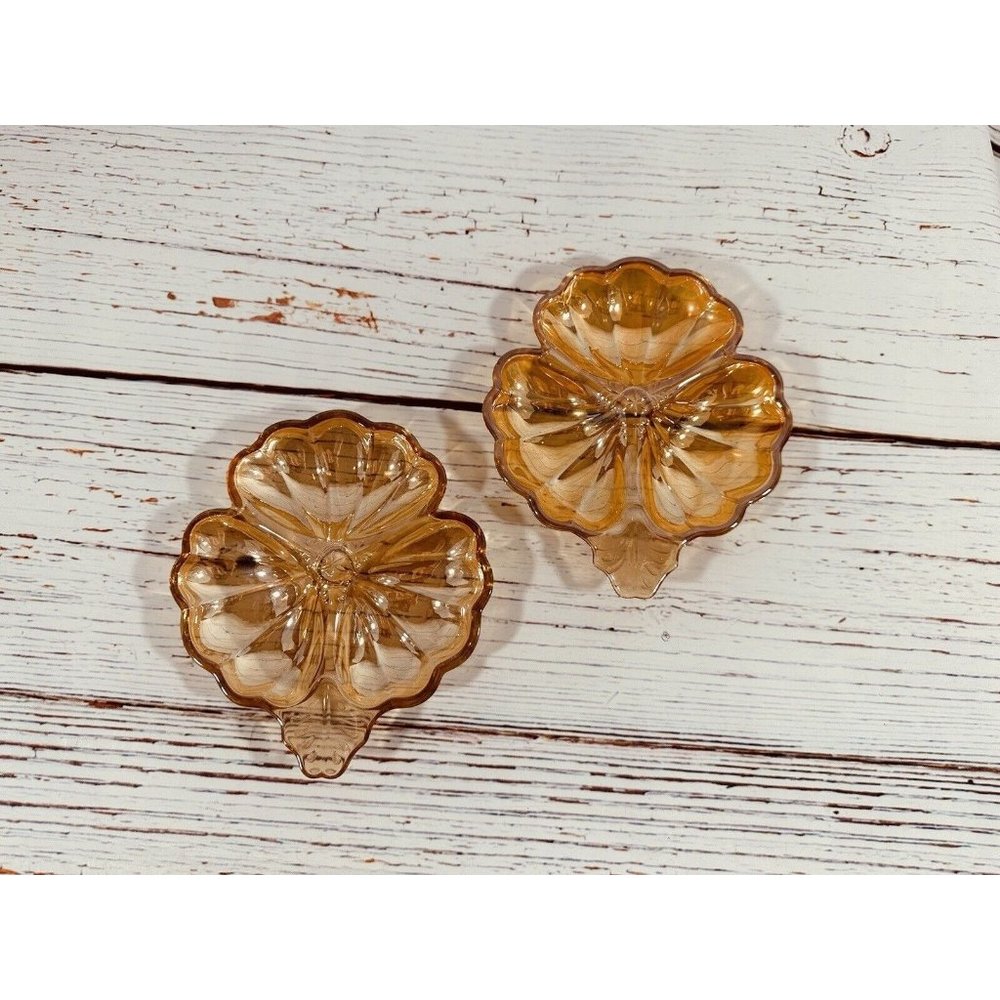 Vintage Jeanette Carnival Glass Marigold Divided Clover Candy Nut Dish Set MCM